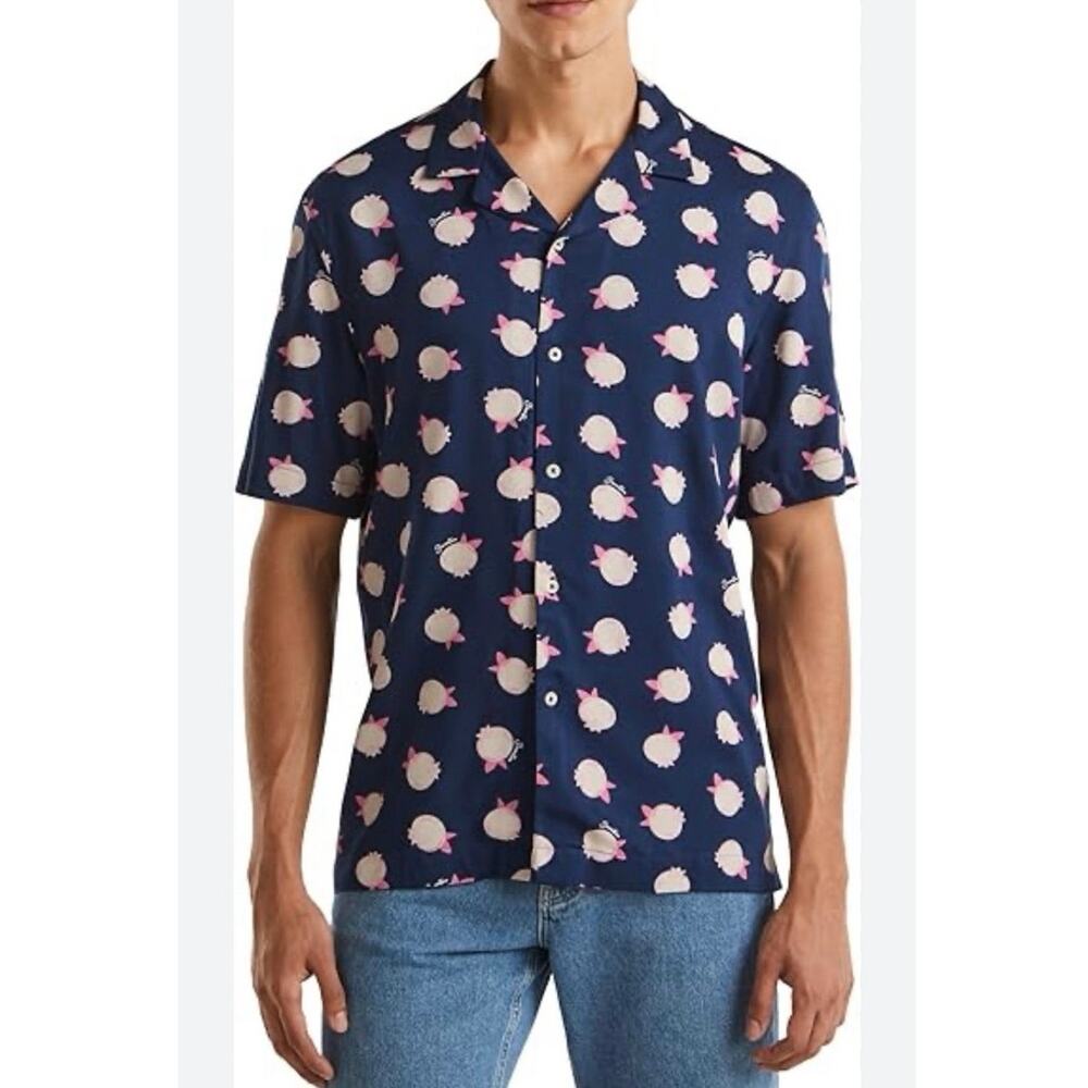 United Colors of Benetton NWT Blueberry Print Short Sleeve Button-Up Shirt XL